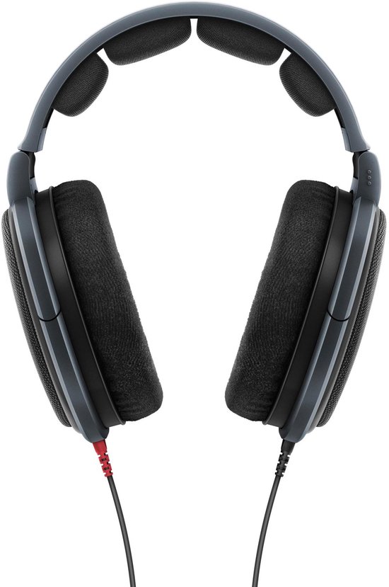 Grijze Sennheiser HD 600 koptelefoon, van boven gezien, met zwarte oorschelpen en hoofdkussens.