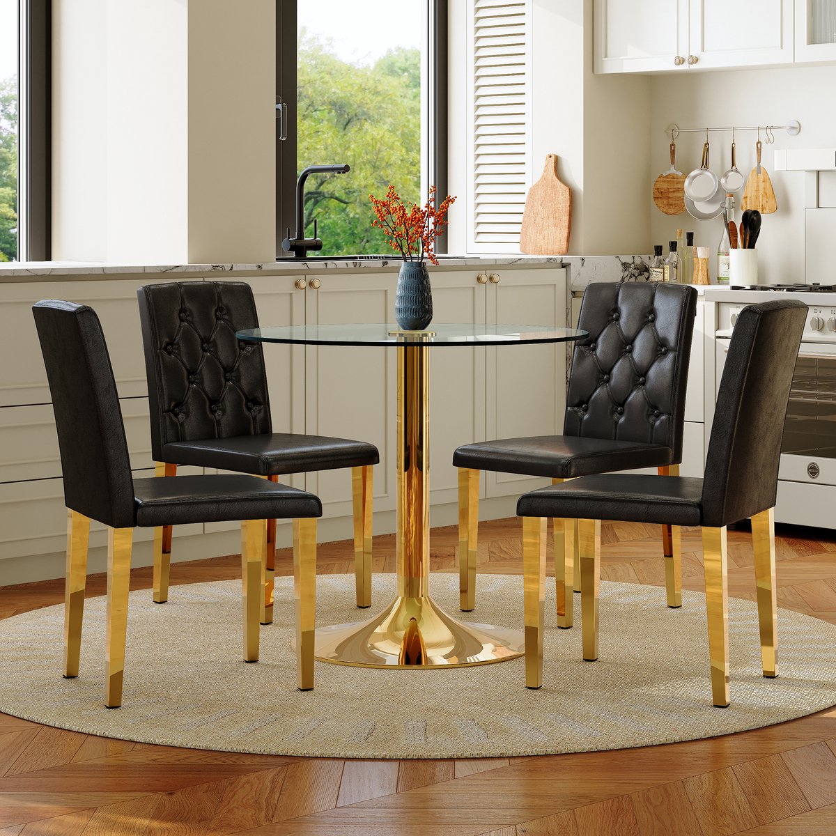 STILVORA Eettafelset Ronde Glazen Tafel 85 Cm Met 4 Stoelen Voor Eetkamer En Woonruimte Modern Minimalistisch Metaal Zwart Goud