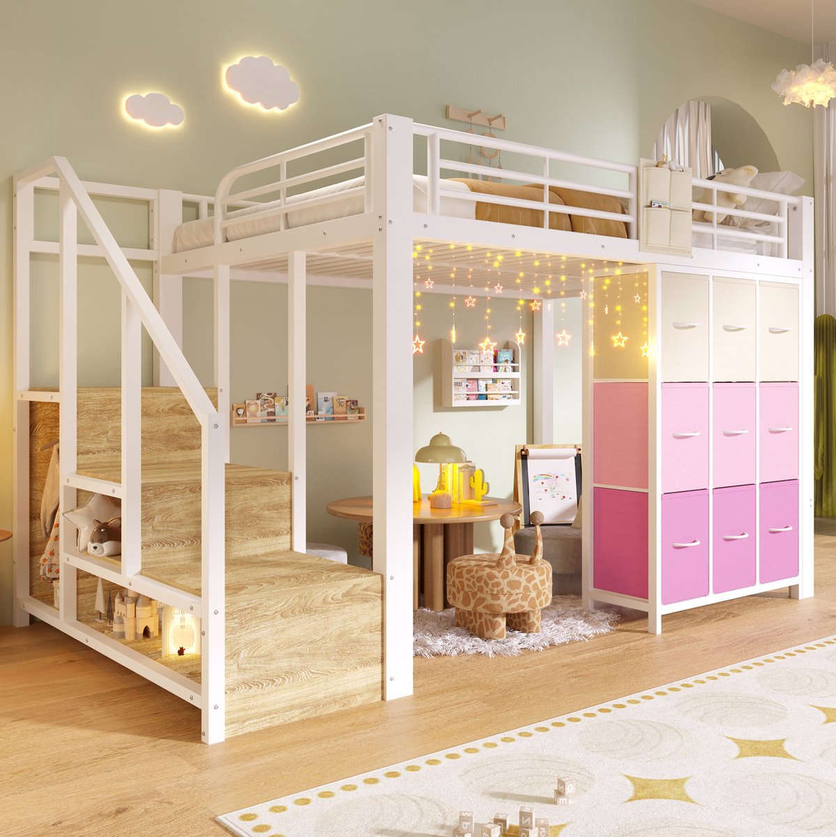 MEUNIQ hoogslaper 140x200 cm met trap met opbergruimte, lades, kledingstang en veiligheidshekje voor slaapkamer of kinderkamer in wit metaal