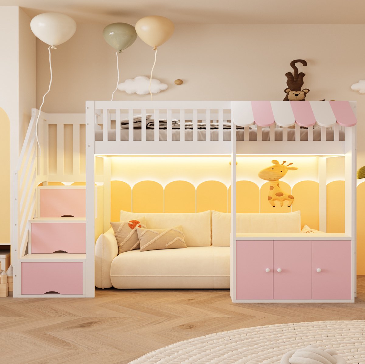 MEUNIQ hoogslaper 90x200 cm met opbergtreden, ingebouwde opbergruimte, LED-lichtstrip en lattenbodem voor kinderkamer in wit en roze Pink/White