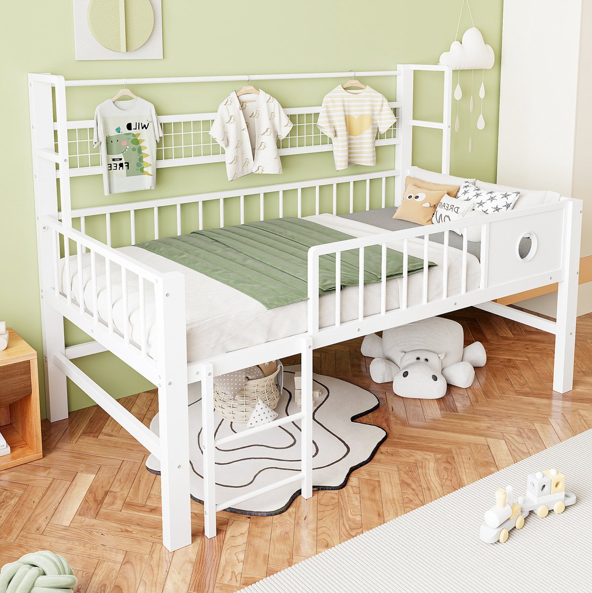 MEUNIQ Halfhoogslaper kinderbed 90x200 cm met metalen frame, veiligheidshekken, kledingstang en opbergruimte voor kinderkamer, wit