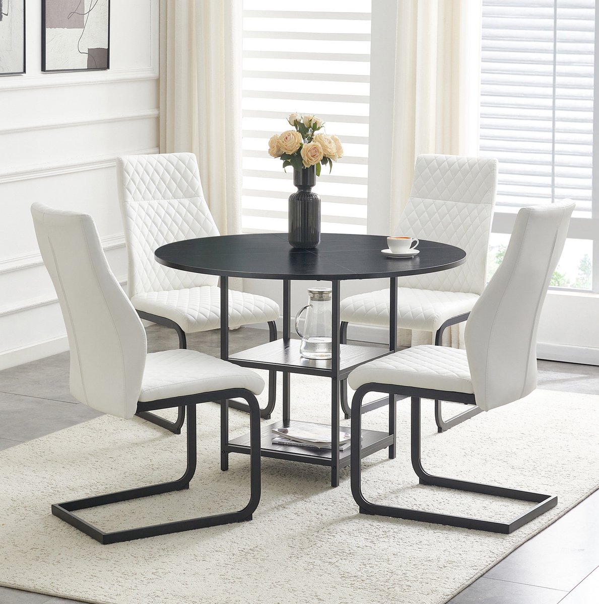 HAUSS SPOLE Set Tafel En Stoelen - Ronde Eettafel Met Dubbele Opberglagen En 4 Eetkamerstoelen - Voor Eetkamer En Keuken - Hout Metaal - Zwart Wit
