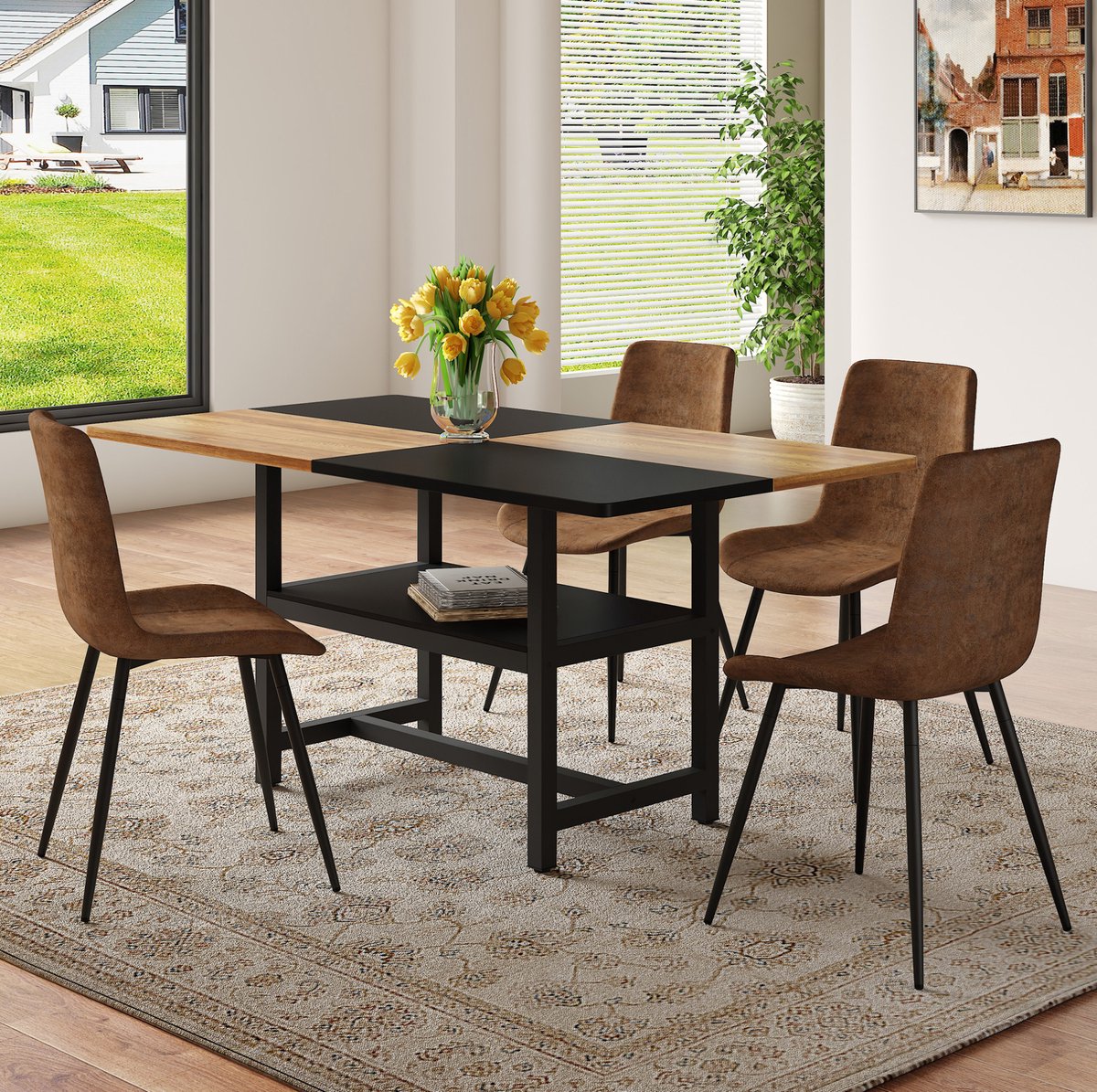 HAUSS SPOLE Set Tafel En Stoelen - Rechthoekige Eettafel Met Opbergvak En 4 Eetkamerstoelen - Voor Eetkamer Keuken En Woonkamer - Hout Metaal Bruin Zwart
