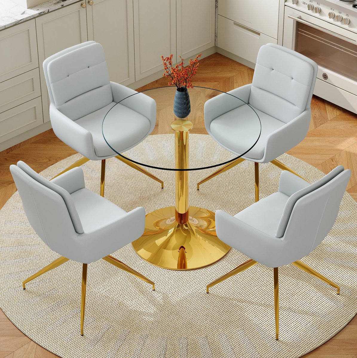 HAUSS SPOLE Tafel En Stoelen Set - Ronde Glazen Eettafel Met 4 Draaistoelen - Comfortabel Zitcomfort - Voor Eetkamer Of Café - Metaal Goud Lichtgrijs Transparant