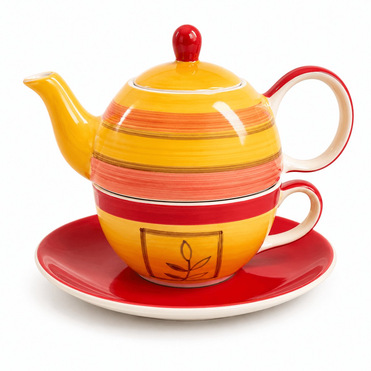 Tea for One Solara - Handgeschilderde Keramieken Theeset voor 1 Persoon - Theepot met Kop en Schotel - Geel Oranje Rood