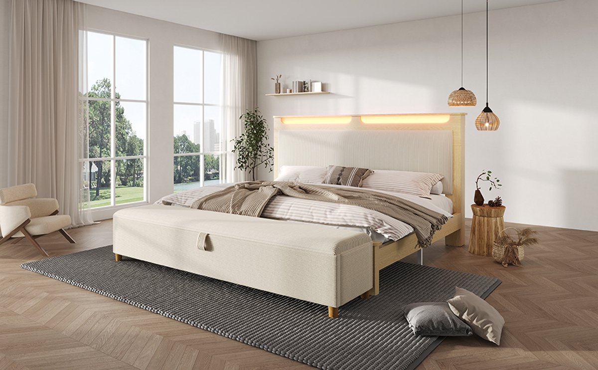 VVBV Bed met opbergruimte 180x200 / Tweepersoonsbed 180x200 – met Hydraulische Opbergruimte, LED-Verlichting – Hoofdbord – Rugleuning – Corduroy – Beige