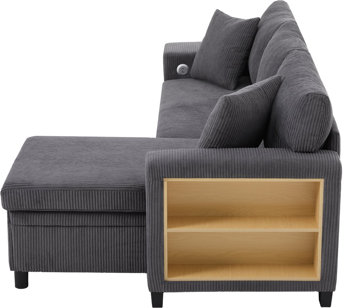 DESMIU Hoekbank 231 x 131,5 x 84 cm - Slaapbank Met Opbergruimte, USB- En Type-C-Laadpoorten - Voor Woonkamer - Corduroy Grijs
