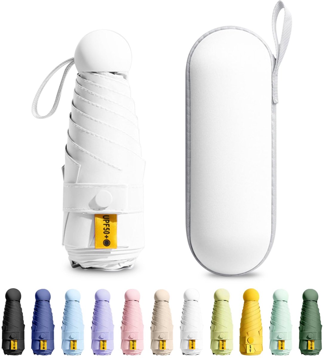 COOAU - Mini UV-Paraplu - Compact & Lichtgewicht (18cm) - UPF50+ - Windproof - Paraplu Opvouwbaar - Met Opbergcase - Ideaal Cadeau - Paraplu's in Kamperen & Outdoor - Wit