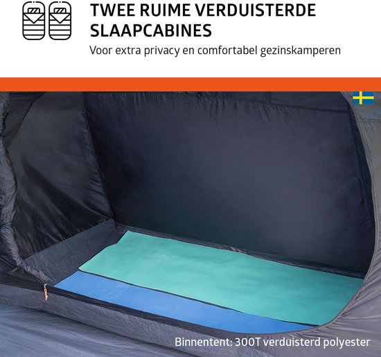 Campout 4-Persoons Vis-à-Vis Koepeltent - 2 Slaapcabines - 5000 mm Waterdicht - Leefruimte - 15 min Opzettijd - Incl. Luifelstokken, Haringen & Draagtas van Campout — afbeelding 5
