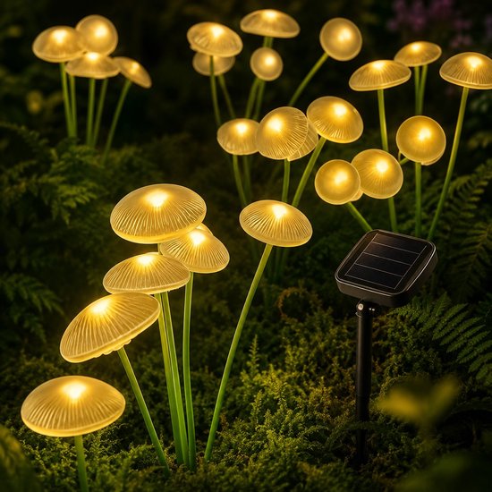 Talloze LED-paddenstoeltjes met warm wit licht verspreid in mos.