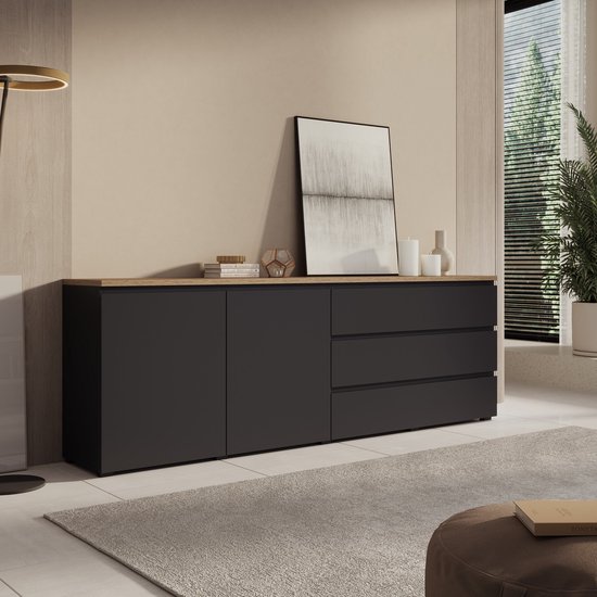 Meubella - Moss 2 - Dressoir - Zwart/Eikenpatroon - 200x35x68 cm