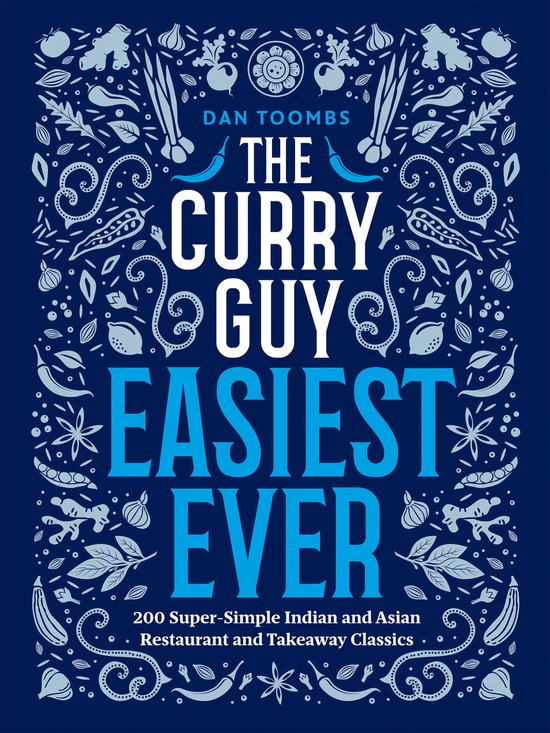 Boek: The Curry Guy Easiest Ever. Donkerblauwe kaft met decoratieve illustraties van specerijen en groenten in lichte tinten. Titel in witte en blauwe letters.