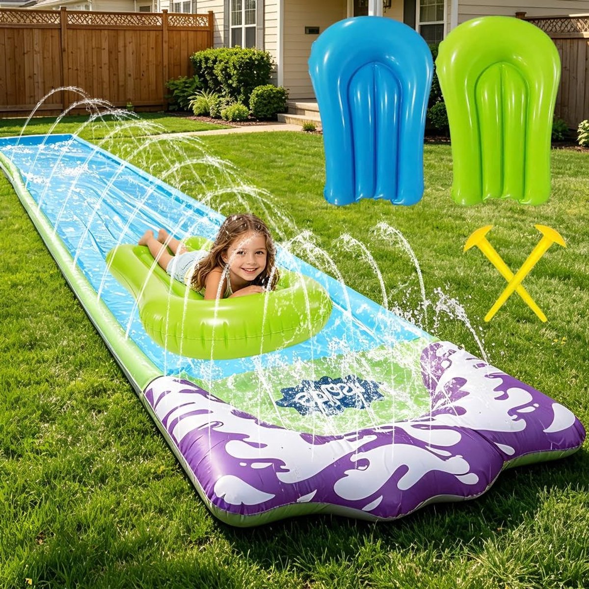 Dailygoods- Waterglijbaan 480 x 70 cm - Opblaasbare Planken - Spatsproeier - Waterspeelgoed - Buitenactiviteit - Zomerfeest - Glijmat