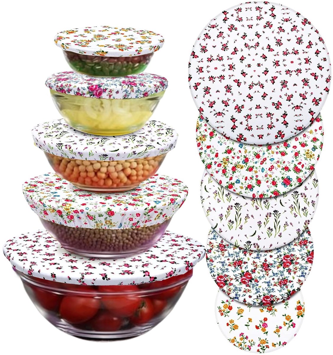 Dailygoods- Voedseldoppen 5 Stuks - Herbruikbare Voedselafdekking - Ademend - Uittrekbaar Deksel - Elastische Band - Unieke Bloemenpatronen