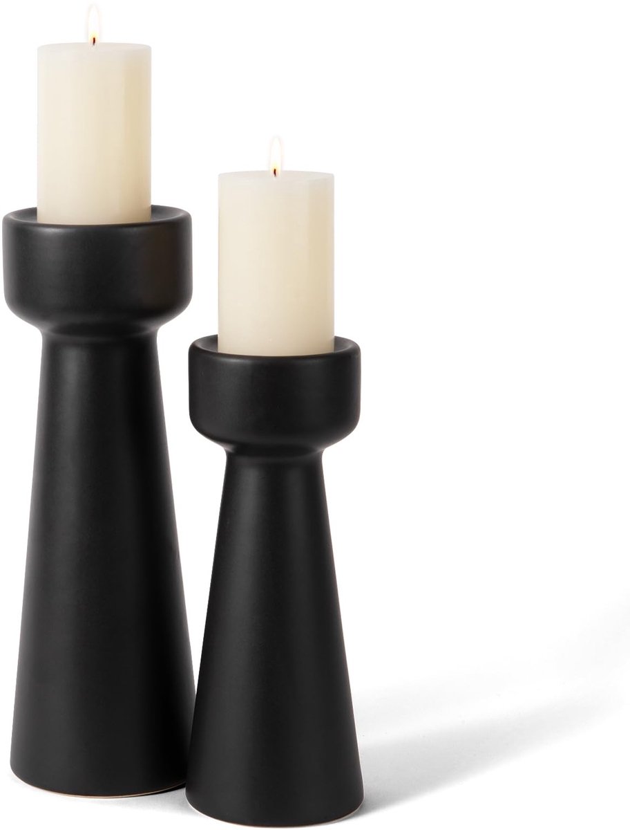 Dailygoods- Kandelaar Set van 2 - Keramische Kandelaarhouders - Decoratief voor Woondecoratie - Mat Zwart - Eetkamer/Woonkamer - Geschikt voor Aromatherapie - Kaarsenstandaard