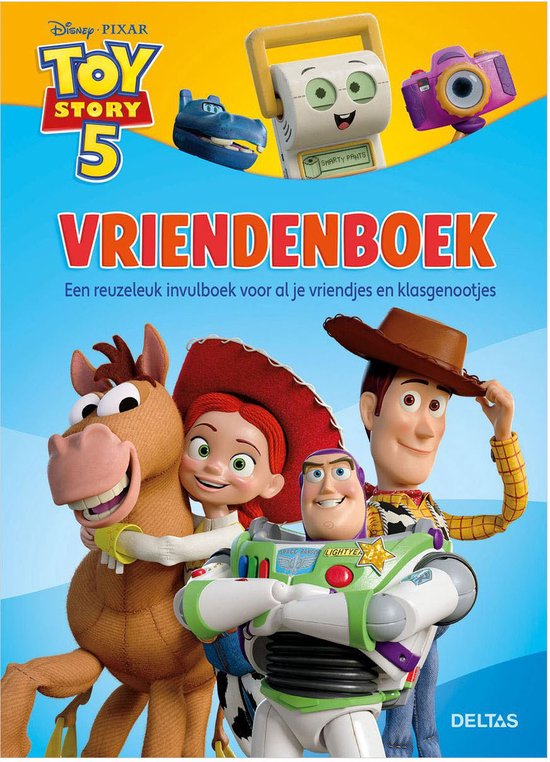 Livre d'amitié Toy Story 5 avec Woody, Buzz, Jessie et Bayonne. En haut, Smarty Pants et une caméra.