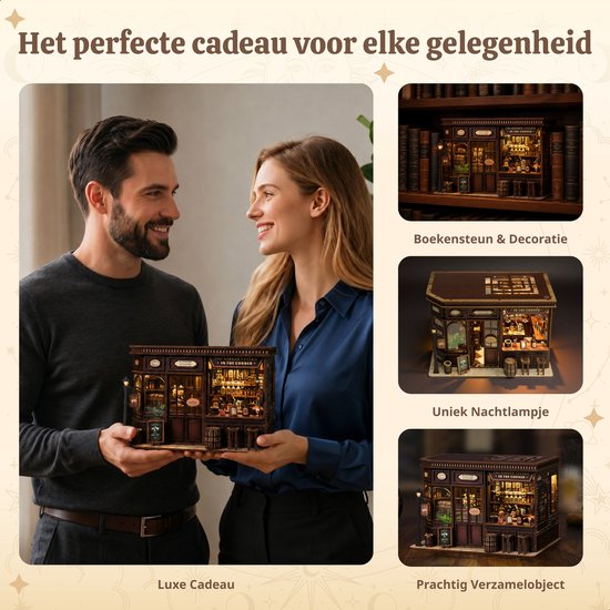 Een man en vrouw houden de Lumann 3D puzzel 'Corner Tavern' vast. Afbeeldingen tonen het als boekensteun, nachtlampje en verzamelobject. Tekst: 'Luxe Cadeau, Uniek Nachtlampje, Prachtig Verzamelaarsobject'