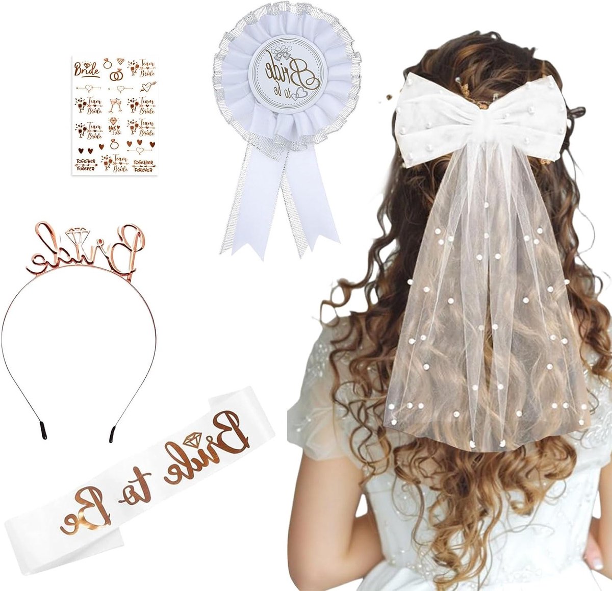 Vrijgezellenfeest Accessoires Set Bruid: Sluier, Sjerp, Diadeem en Stickers
