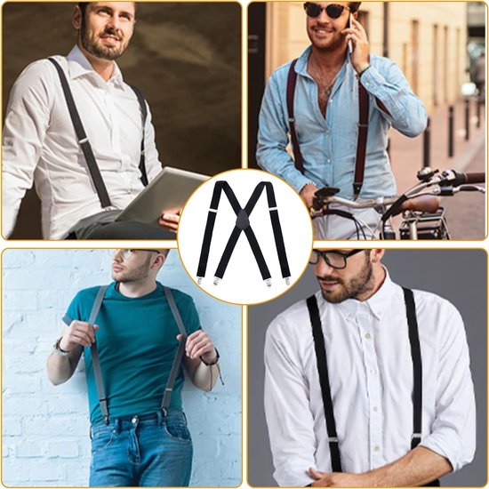 Verstelbare Zwarte X-Vormige Mannen Banden van 3.5 cm Breed met 4 Sterke Metalen Clips en Elastisch Ontwerp voor Comfort en Stijl — afbeelding 4
