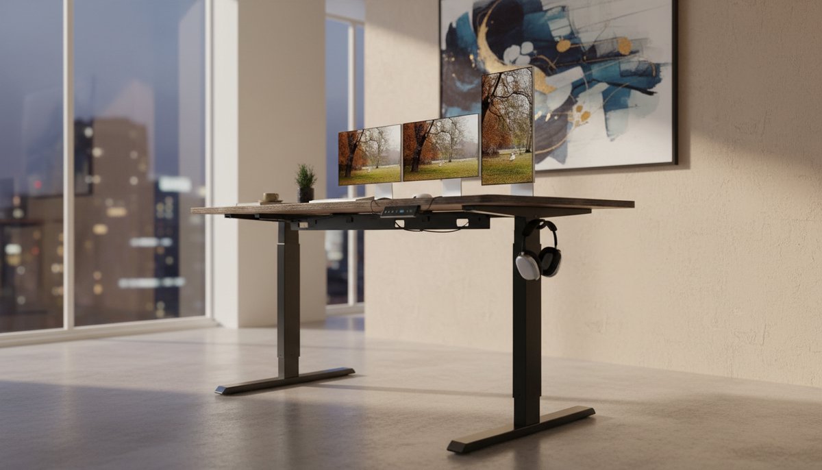Elektrisch zit-sta bureau 180x80 cm – House&Garden – Dubbele motor, 2 motoren, ergonomisch in hoogte verstelbaar bureau, 25 mm eendelig tafelblad, USB-poorten, kabelmanagement, 100 kg draagvermogen – vintage bruin/zwart modern gaming & kantoor bureau