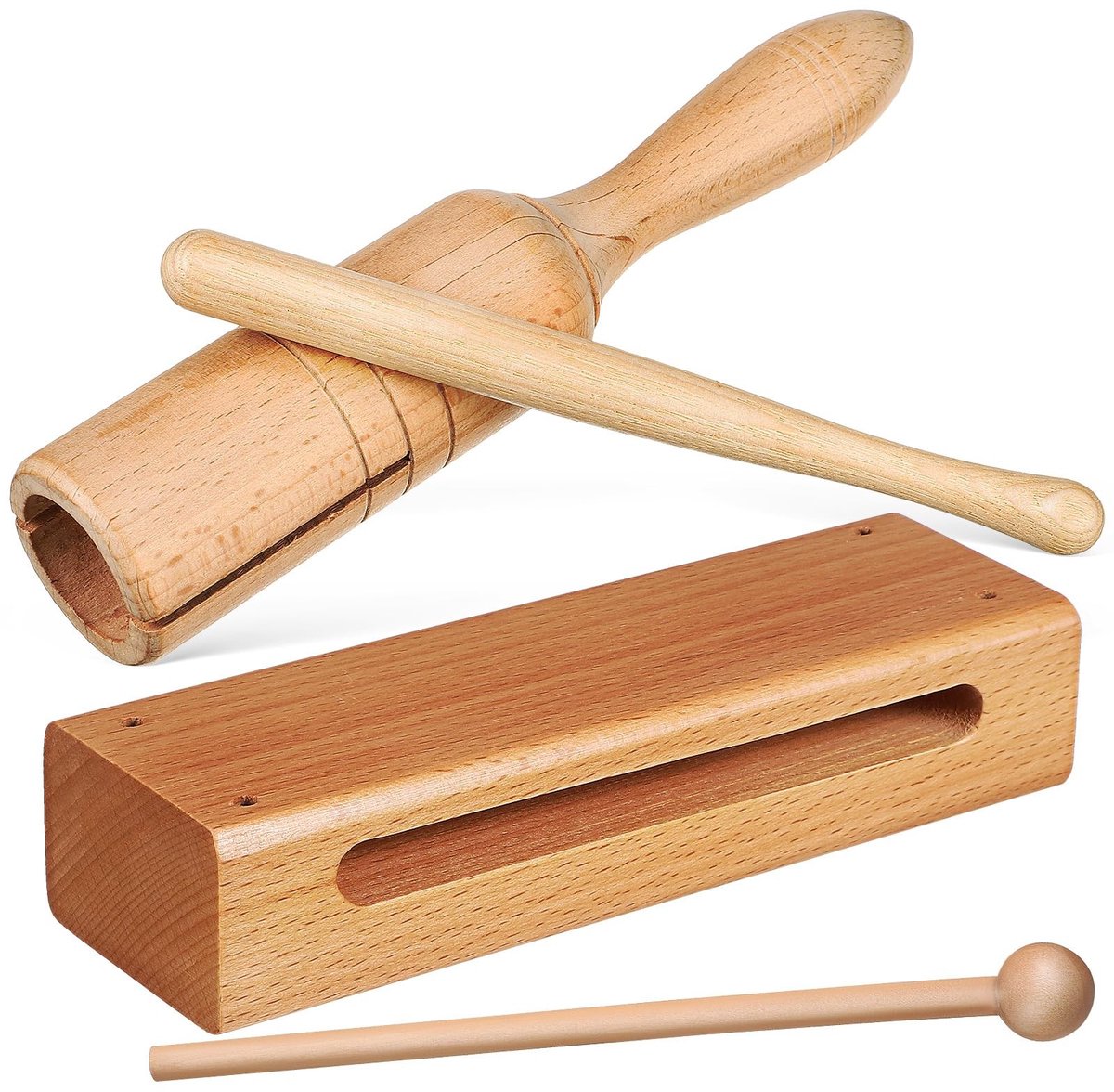 Dailygoods - Vaguelly Set van 2 percussie-instrumenten, houten blok met hamer, buistrommel met hamer, houten trommel, kleuterschool, Orff-instrument, voor ritme en tactgevoel
