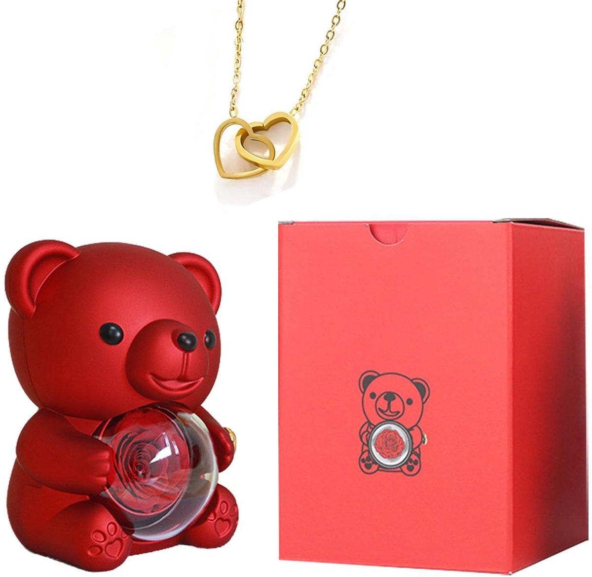 Dailygoods- Sieradendoos met Eeuwige Roos - Beer met Verborgen Sieradendoosje - Halsketting voor Dames - Romantisch Cadeau - Cadeau-idee voor Valentijnsdag