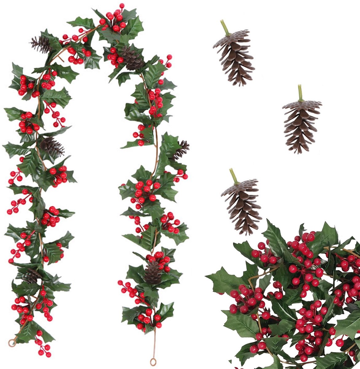 Dailygoods - Kerstslinger met dennenappels, kerstbessenslinger, kunstmatige rode bessenslinger, realistische kerstslingers, voor Nieuwjaar, open haard, tafeldecoratie (175 cm)
