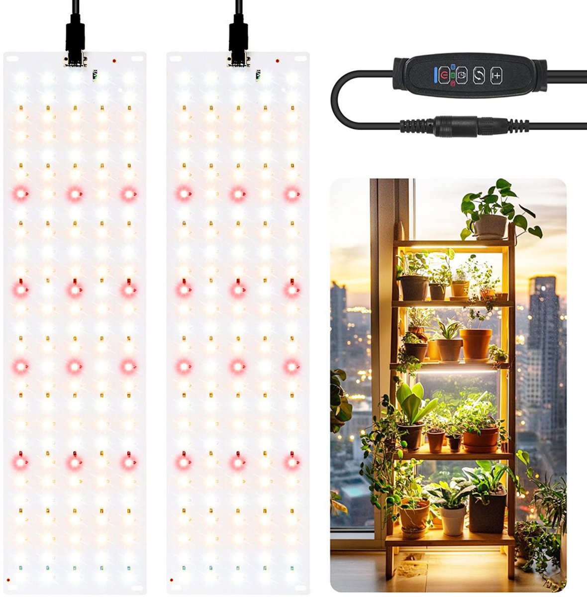 LED-groeilamp – Aanvullend licht voor groene planten en vetplanten – Kamerplanten in pot – Geschikt voor vetplanten en aquaria – 30x8 – Wit – Set van 2 – Inclusief EU-adapter