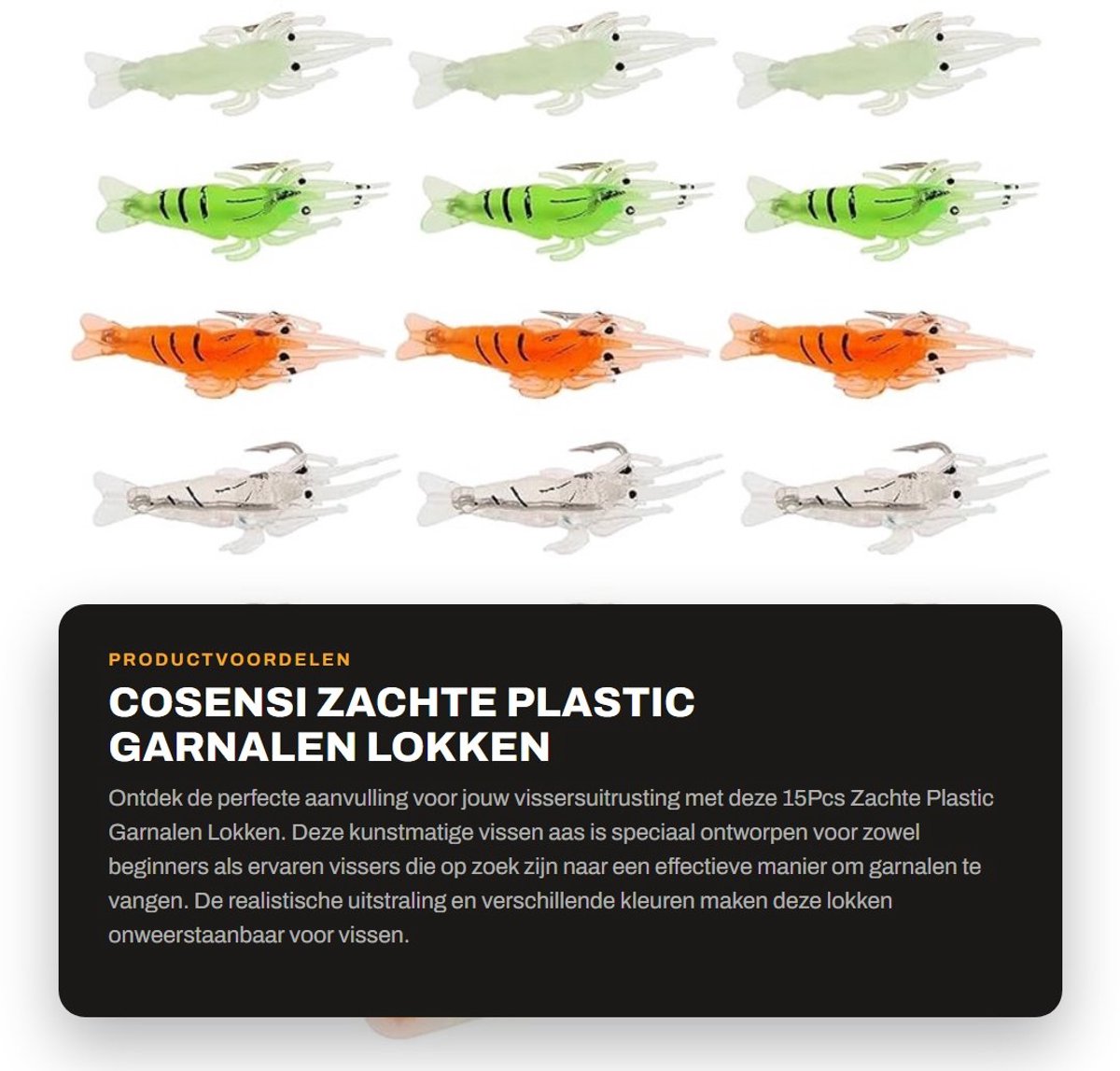 Dailygoods- Garnalenlokken 15 Stuks - Kunstmatige Vissen Aas - Zachte PVC - Realistische Aas - Hoogwaardig Carbon Staal - Lengte 5 cm - Visaas