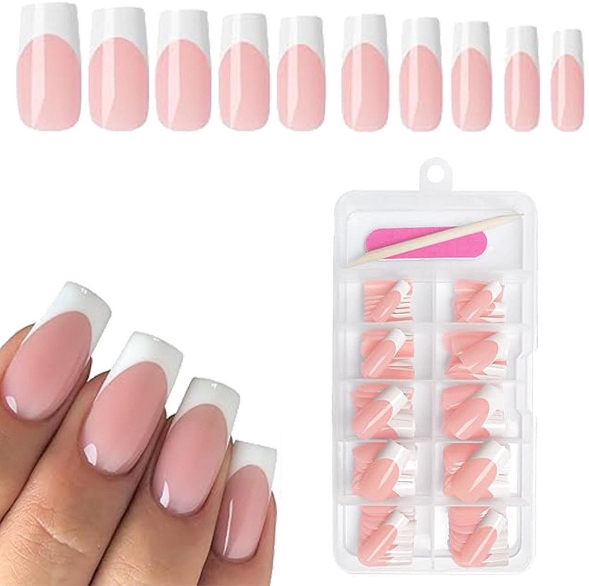 Dailygoods- Kunstnagels 120 Stuks - Witte Franse Tip - Plaknagels - Nagellijm - Mini-Nagelvijl - Houten Stok - Vierkante Vorm - Nepnagels