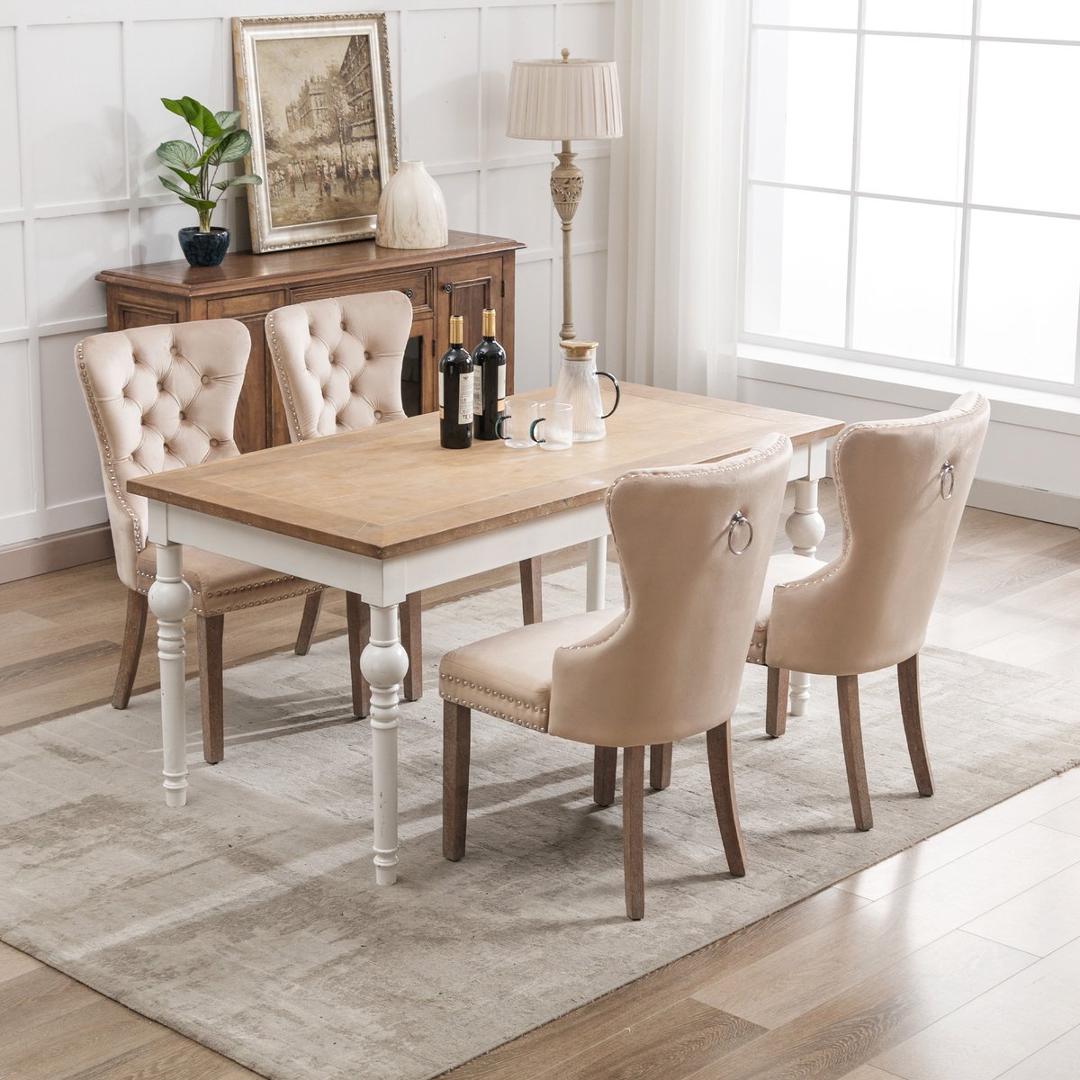 Eetkamerstoel - 4 stuks - keukenstoel, woonkamerstoel met unieke deurklopper aan de achterkant - gestoffeerde stoel met siernagels, massief houten poten, fluwelen bekleding, Beige