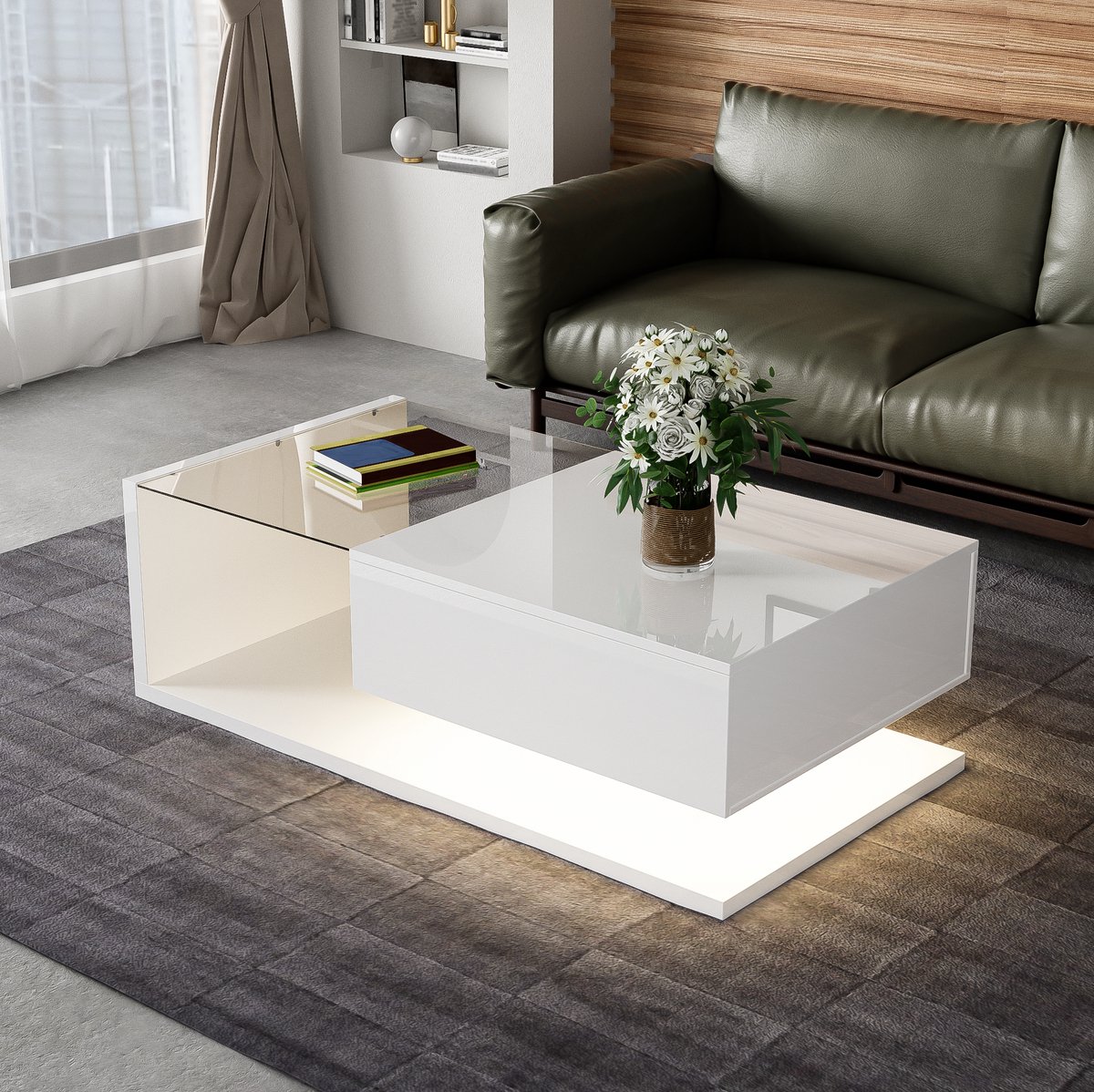 DESMIU Salontafel - Hoogglans Wit Met Gehard Glas En Ledverlichting - Modern Voor Woonkamer En Interieur - Spaanplaat - 105x55x32,5 Cm