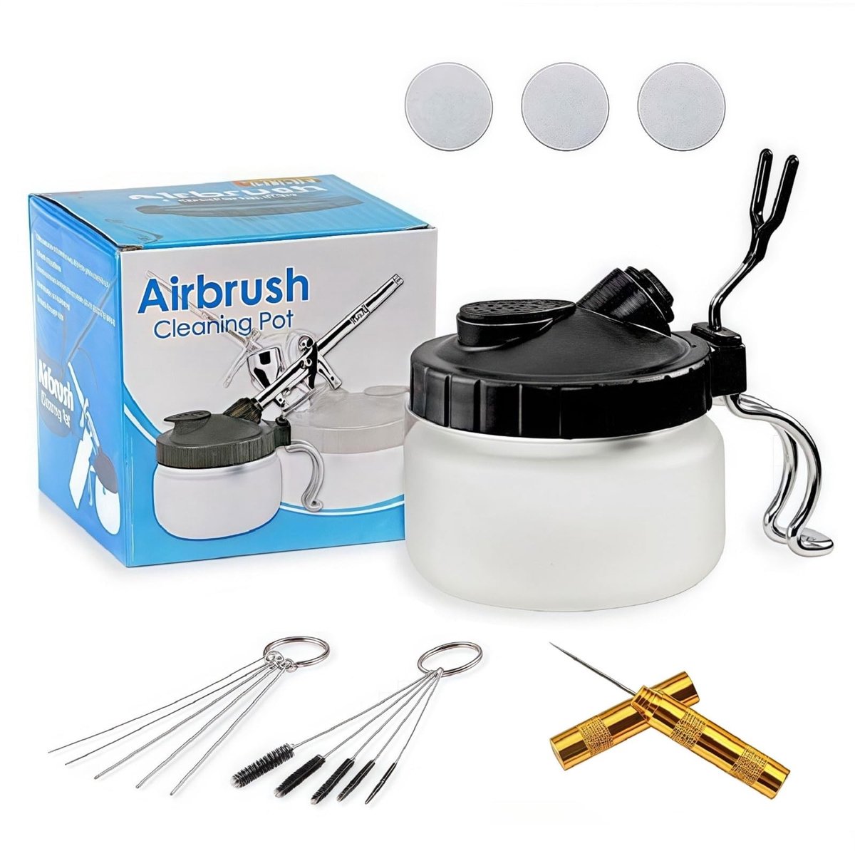 Dailygoods- Airbrush-Reinigingsset - Airbrush-Pan met Houder - Gouden Mondstuk - Nylon Borstelset - Naaldgereedschap van Roestvrij Staal - Lekvrij Ontwerp - Airbrush Cleaner