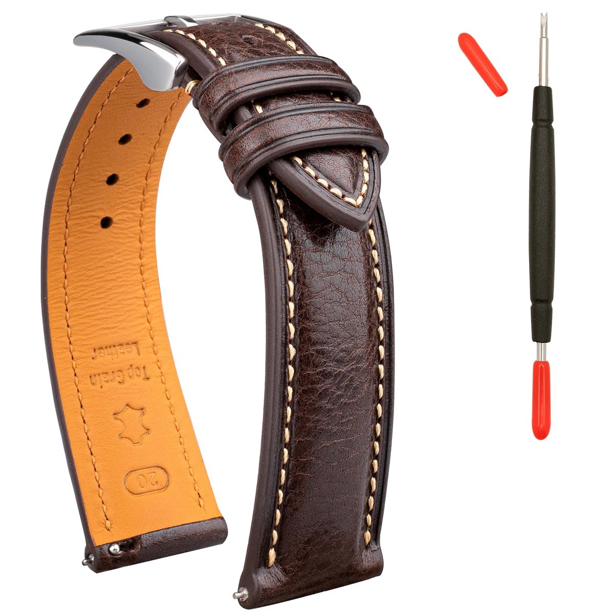 Dailygoods- Horlogeband Plantaardig Gelooid Leer 20 mm - Leren Horlogeband - Herenhorlogeband - Snelsluiting - Vervangende Armband - Dikke/Zachte Armband - Horloge Strap