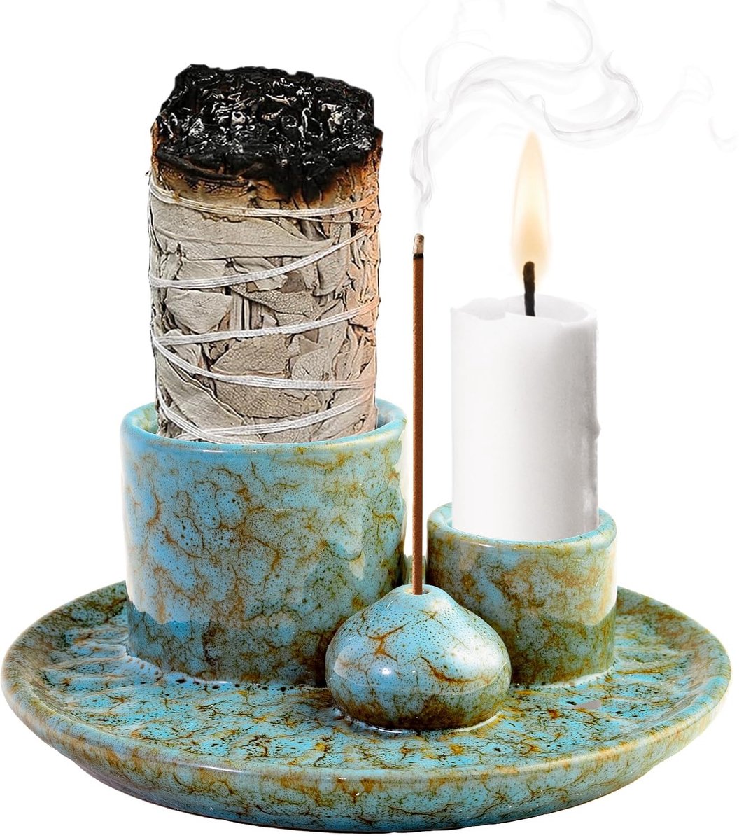 Dailygoods- Wierookschaal 4-in-1 - Wierookbrander met zeef - Palo Santo - Witte salie - Kaarsen - Hittebestendig keramiek