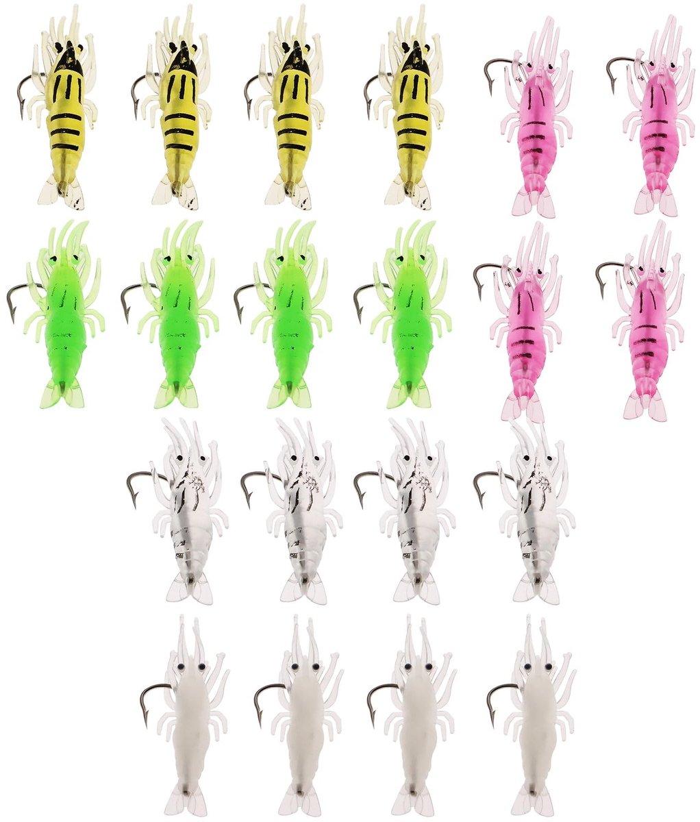 Dailygoods- Garnalen Kunstaas 20 Stuks - Zacht Vis Aas - 3,5 cm - Vijf Kleuren - Effectief voor Zeebaars/Zoutwatervissen - Realistische Details - Visaas