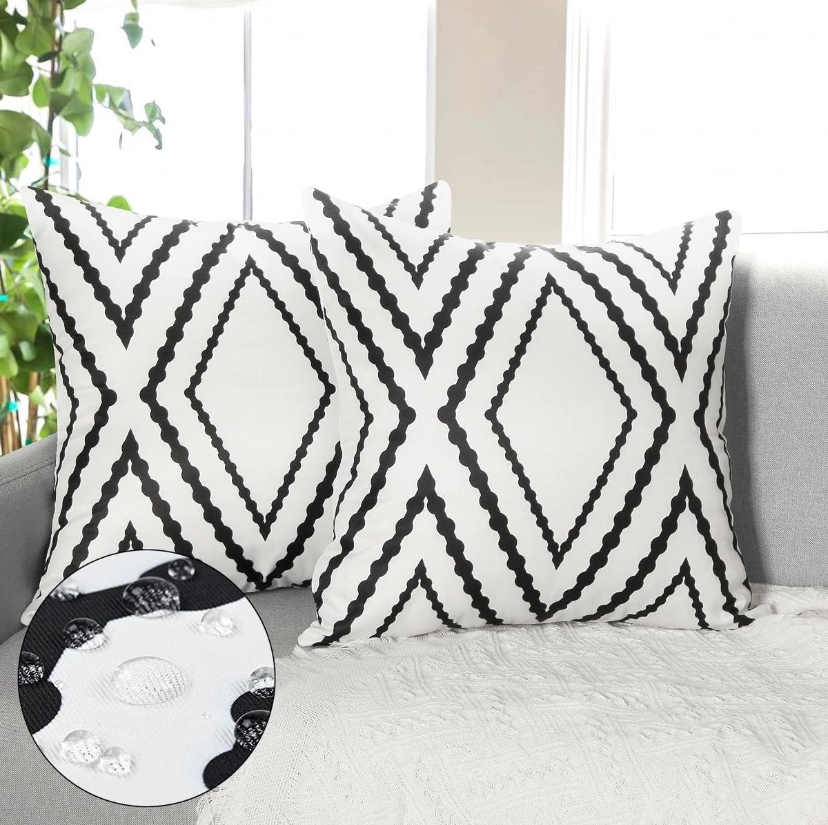 Set van 2 Waterdichte Kussenhoezen in Zwart-Wit met Geometrisch Patroon voor Tuin en Binnengebruik, Boho en Farmhouse Stijl Decoratieve Kussens