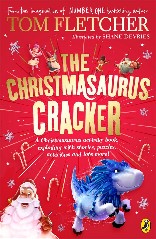 Boekomslag met 'The Christmasaurus Cracker' in gouden letters, Tom Fletcher, illustraties van Shane Devries, een blauwe dinosaurus en Kerstman.