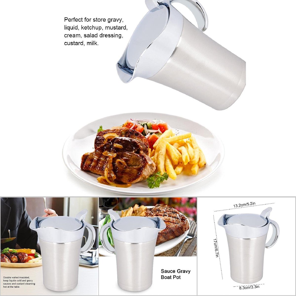 Dailygoods- Juskom Dubbelwandig Geïsoleerd - Roestvrij Staal - Sauskan met Deksel - Stofdicht - 750ml - Ideaal voor Jus en Vloeistoffen - Sauskom