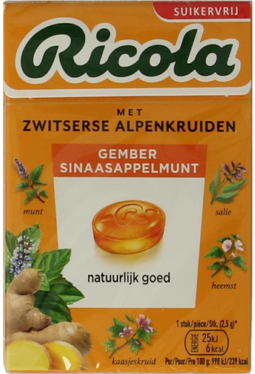 Ricola Gember sinaasappelmunt suikervrij 50 gram