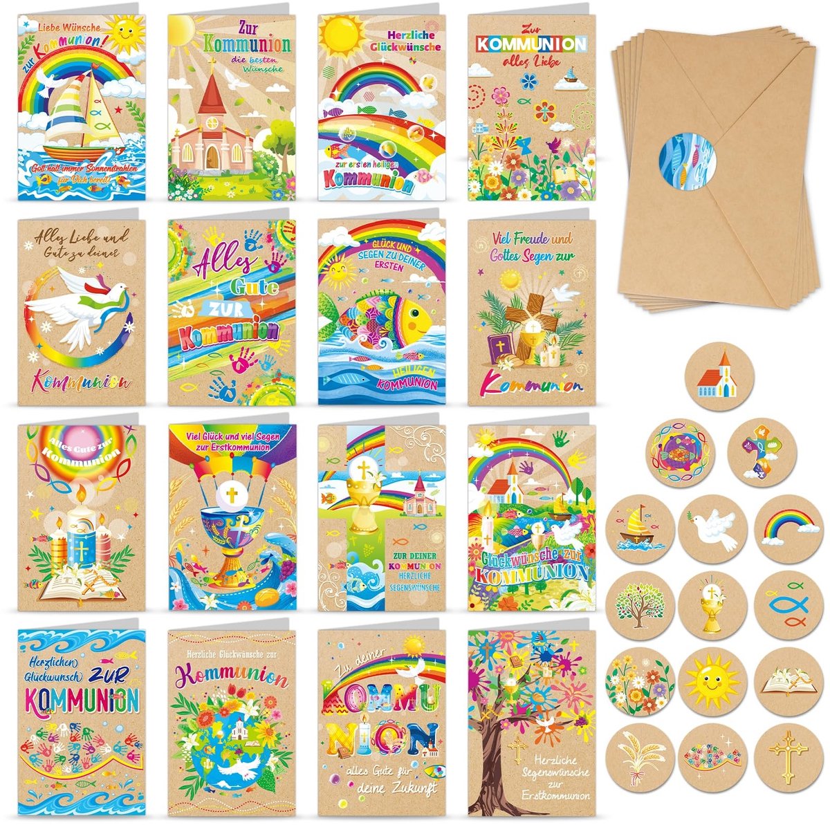 Dailygoods- Communiekaarten Set van 16 - Kraftpapier - Gelukwenskaarten - Klappkaarten - Communie Kaartenset - Inclusief Enveloppen