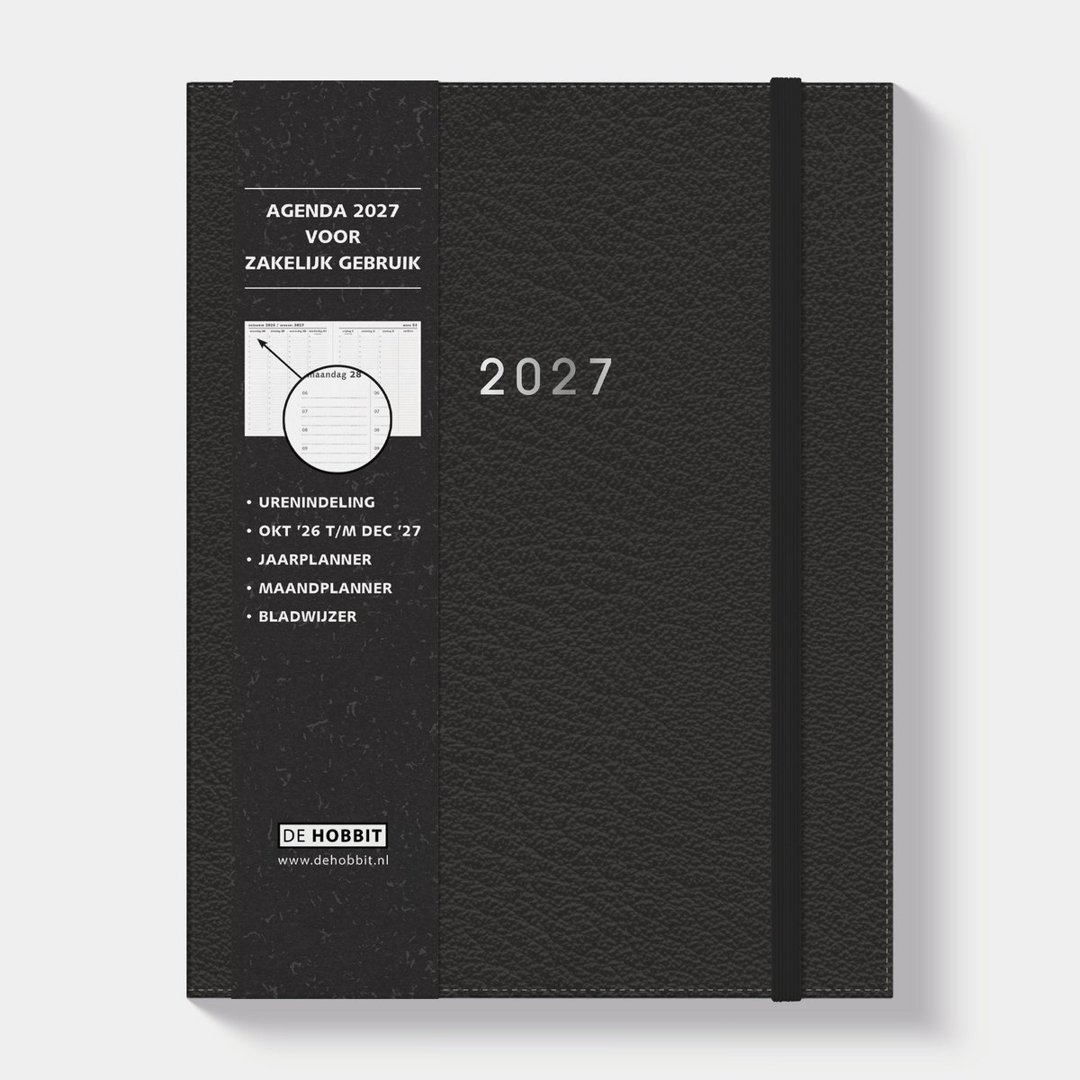 Hobbit - Zakenagenda 2027 - Afsprakenagenda - ±A4 (20,5 x 26,7 cm) - Tijdindeling per uur - 1 week over 2 pagina's - Flexibele Kaft - Lederlook Zwart