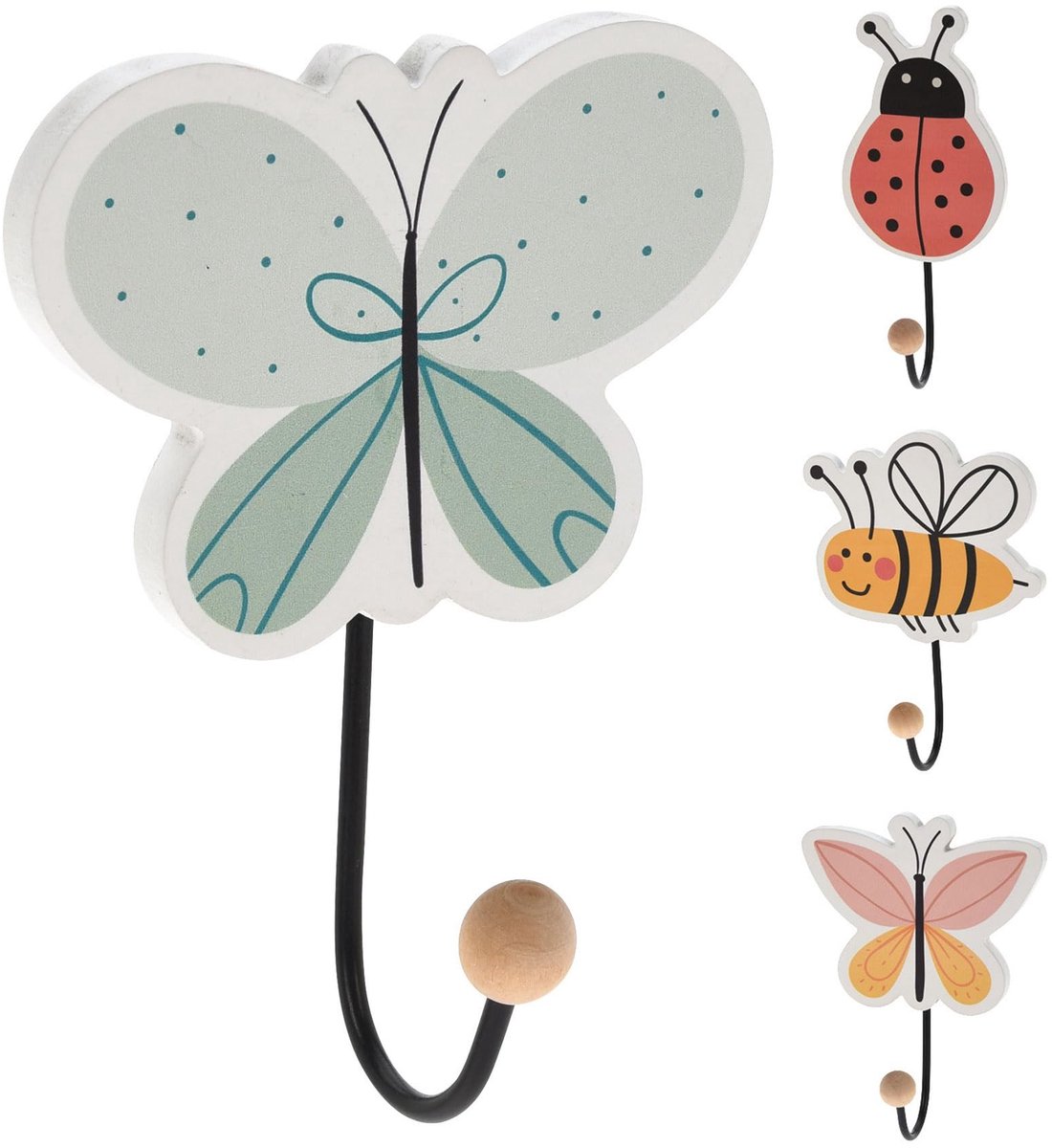 Dailygoods- Kinderkledinghaken set van 4 - Houten wandhaken - Diermotieven - Garderobehaken muur - Kindergarderobe - Voldoet aan Europese normen