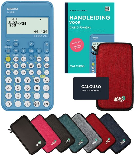 Set met blauwe Casio fx-82NL rekenmachine, handleiding, rode hoes, garantiekaart en 6 gekleurde hoezen.