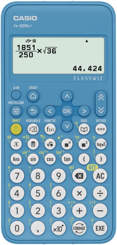 Blauwe Casio fx-82NL+ rekenmachine met grijs toetsenbord en wit display.
