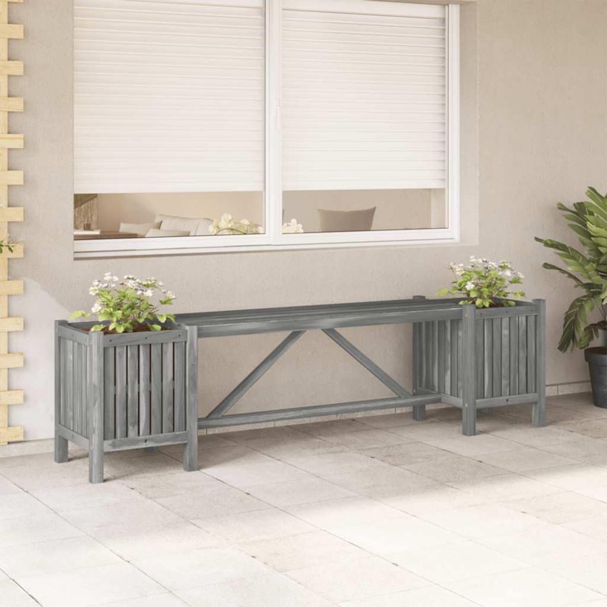 Houten tuinbank - Met plantenbakken - Buiten Zitten - Massief acaciahout - 150 cm - Grijs
