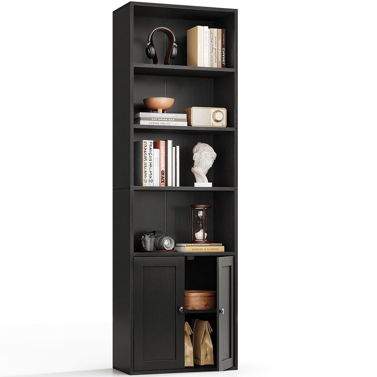 Famanu – 6-laags boekenkast met deuren en kastje, vloerstaand boekenrek voor presentatie en opslag, zwart, 48 x 24 x 176,4 cm