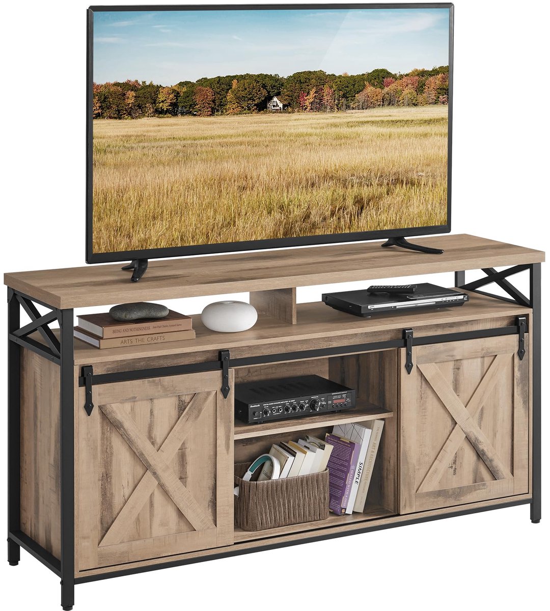 Famanu – TV-standaard voor televisies tot 65 inch met schuurdeuren, stevig metalen frame, geschikt voor woonkamer en entertainmentruimte