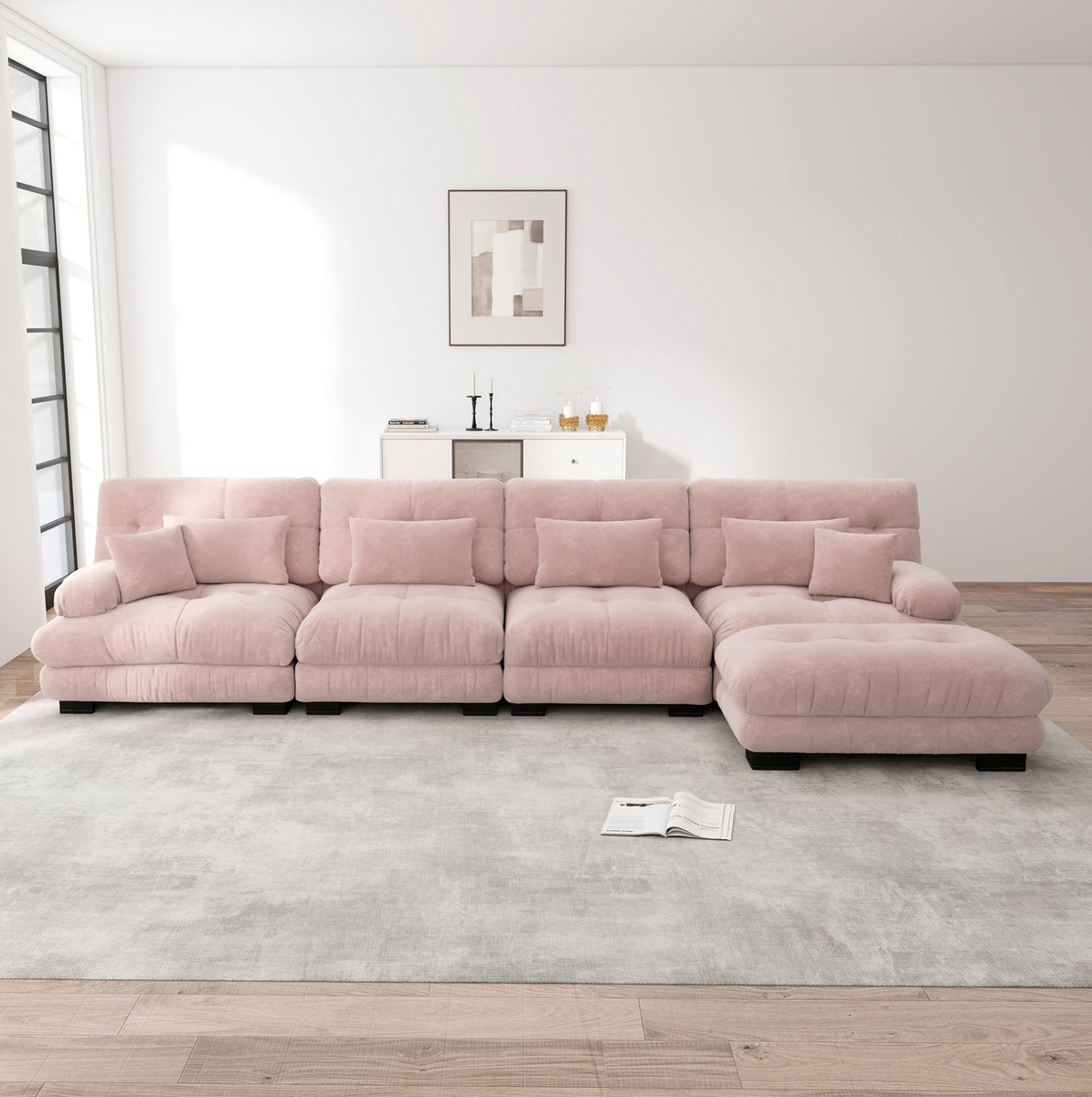 DESMIU Hoekbank 4-Zits - Modulaire L-Vormige Bank Met Verplaatsbare Hocker En Cloud Comfort - Voor Woonkamer En Bureau - Chenille - Roze