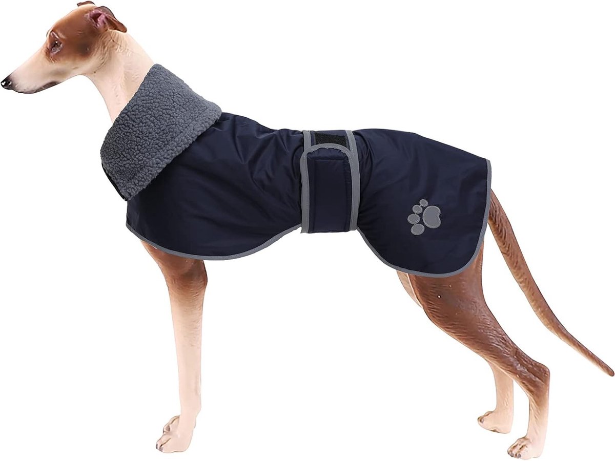 Warm waterdicht winterjack voor greyhounds, fleece voering, hondenjas met harnasopening en verstelbare banden voor middelgrote en grote honden - Navy - XL